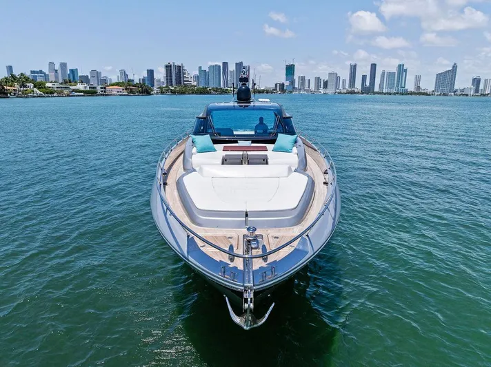 Club T Yacht Photos Pics 2023 Riva 68 Diable yacht cruising near city skyline on a sunny day.