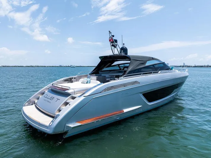Club T Yacht Photos Pics 2023 Riva 68 Diable luxury yacht on calm blue water under clear sky.