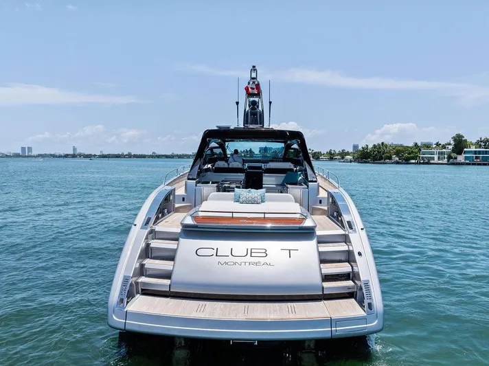 Club T Yacht Photos Pics 2023 Riva 68 Diable luxury yacht on water, rear view, sunny day.