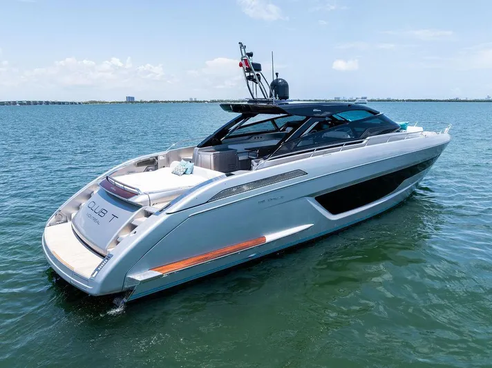 Club T Yacht Photos Pics 2023 Riva 68 Diable luxury yacht on open water, sleek design, sunny day.