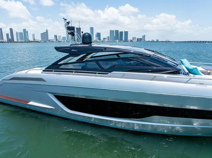 Club T Yacht Photos Pics 2023 Riva 68 Diable yacht on water with city skyline in background.