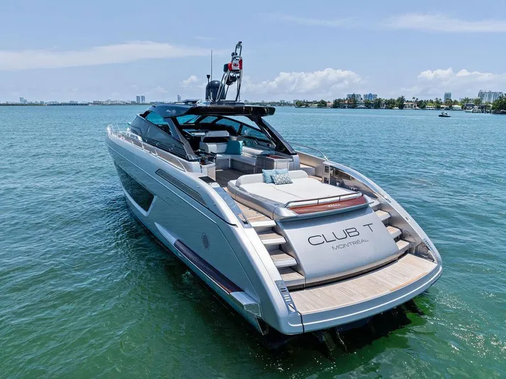 Club T Yacht Photos Pics 2023 Riva 68 Diable luxury yacht on serene water, showcasing sleek design and spacious deck.