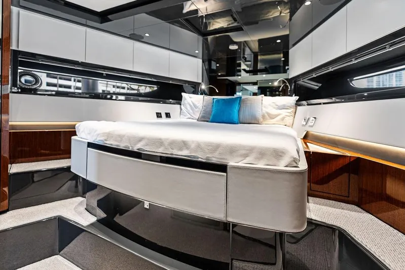 Club T Yacht Photos Pics Luxurious interior of 2023 Riva 68 Diable yacht with modern bedroom design.