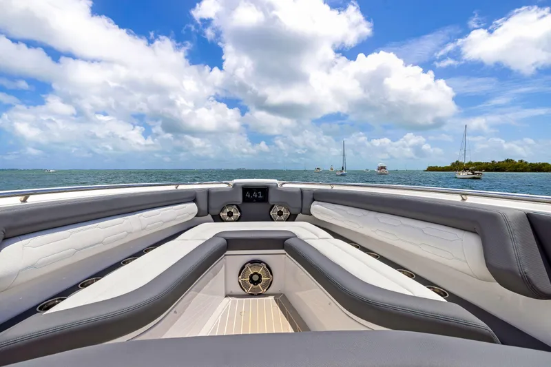  Yacht Photos Pics 2022 Cigarette 42 Auroris boat interior with ocean view and blue sky.
