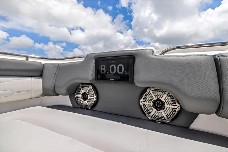  Yacht Photos Pics Interior of 2022 Cigarette 42 Auroris boat with speakers and digital display.