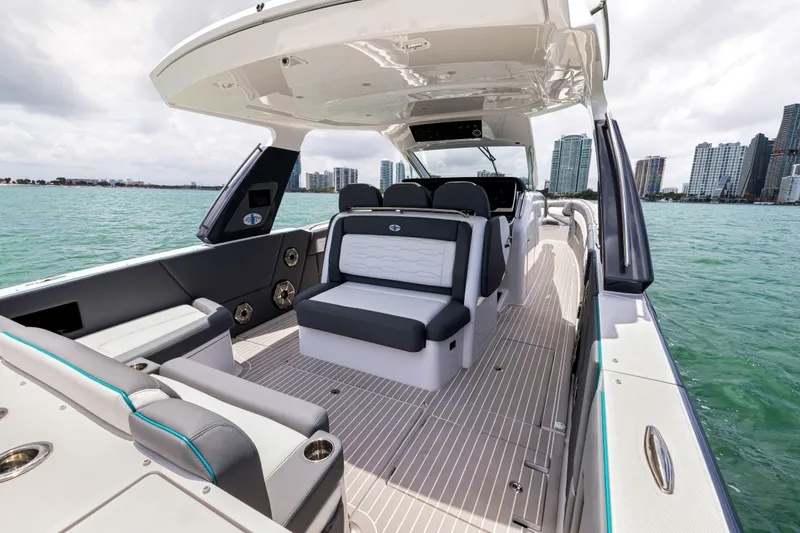  Yacht Photos Pics 2022 Cigarette 42 Auroris luxury boat interior on open water.