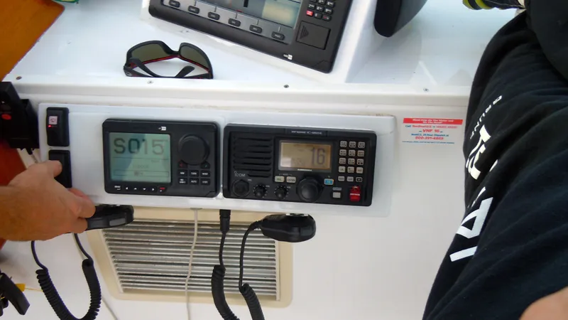 Waterproof Yacht Photos Pics Control panel of a 2001 Davis 45 Express boat with navigation equipment.