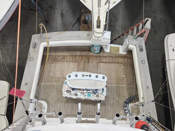 Waterproof Yacht Photos Pics Aerial view of 2001 Davis 45 Express yacht deck with fishing equipment.