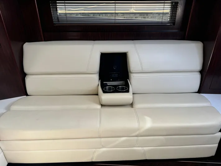 Kaja Yacht Photos Pics Luxurious beige leather seating in 2018 Monterey 335 SY boat interior.
