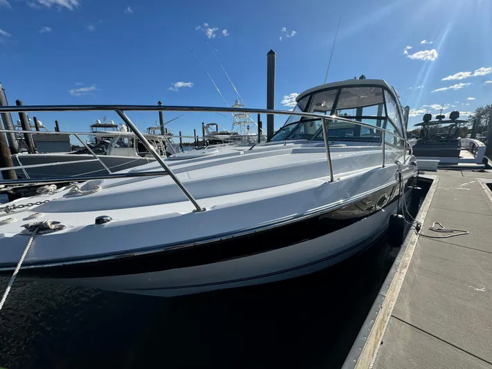 Kaja Yacht Photos Pics 2018 Monterey 335 SY boat docked under a clear blue sky.