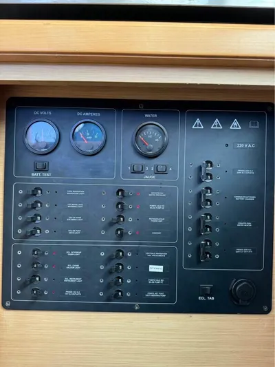  Yacht Photos Pics Electrical control panel of a 2009 Lagoon 440 catamaran with gauges and switches.