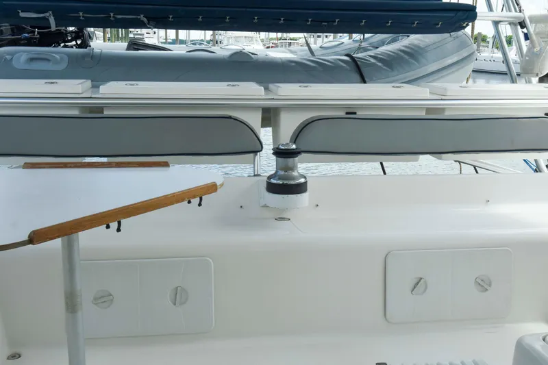 Sangaris Yacht Photos Pics 2005 Manta 42 MkII yacht deck with winch and seating area.