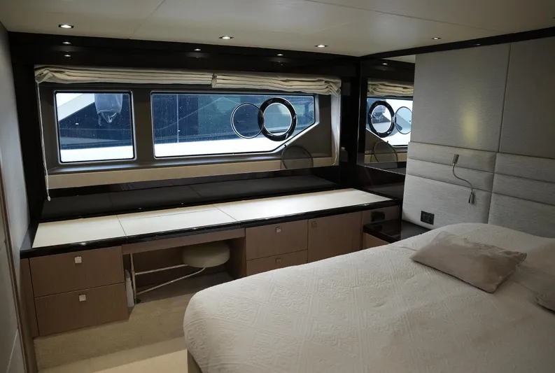  Yacht Photos Pics Luxurious cabin interior of 2017 Sunseeker Manhattan 66 yacht with modern furnishings.