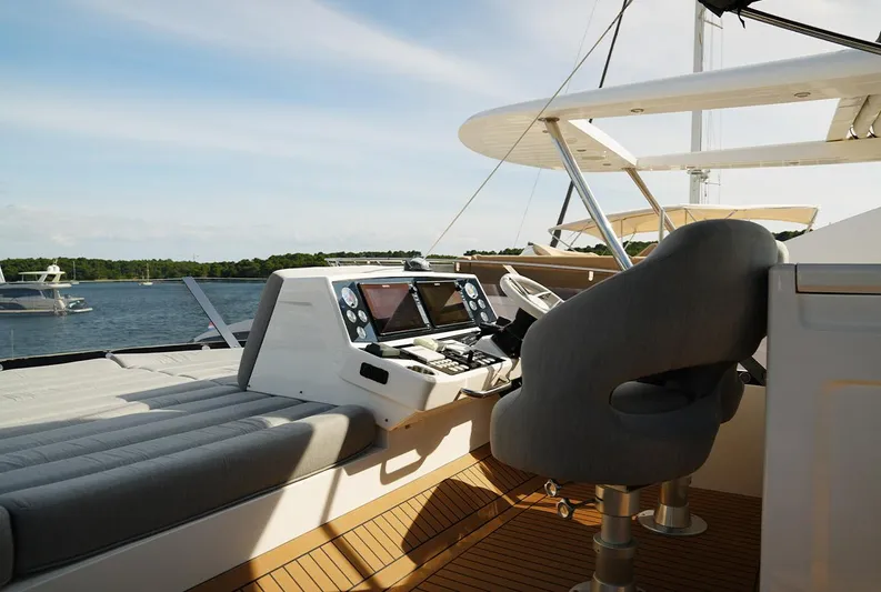  Yacht Photos Pics Flybridge of 2017 Sunseeker Manhattan 66 yacht with helm station and seating.