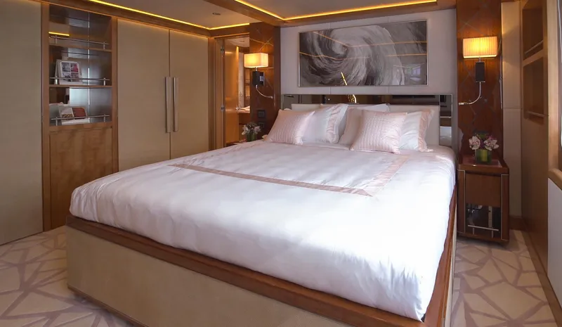 Sehamia Yacht Photos Pics Luxurious bedroom interior on 2018 Gulf Craft Majesty 155 yacht.