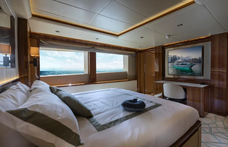 Sehamia Yacht Photos Pics Luxurious bedroom interior on 2018 Gulf Craft Majesty 155 yacht with ocean view.