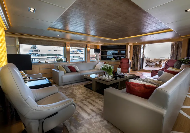 Sehamia Yacht Photos Pics Luxurious interior of 2018 Gulf Craft Majesty 155 yacht with elegant seating and decor.