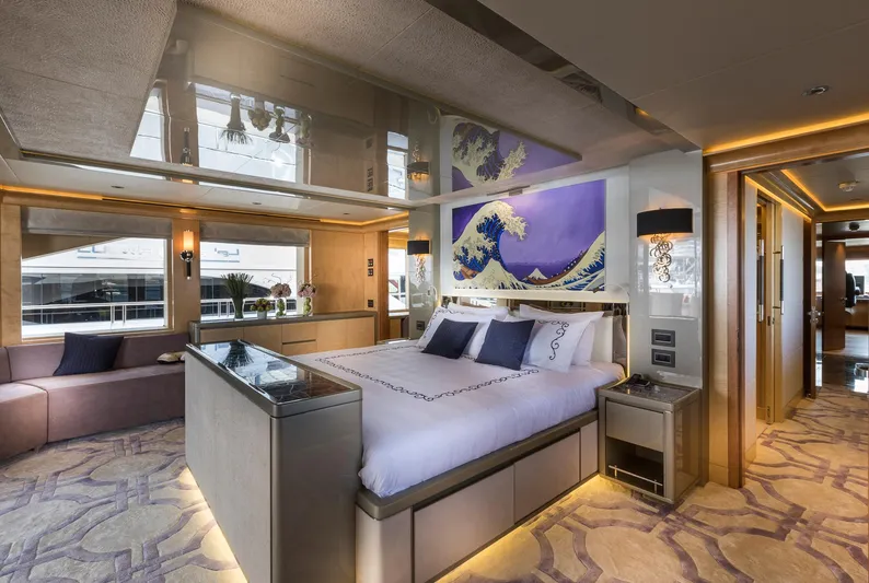 Sehamia Yacht Photos Pics Luxurious bedroom interior of 2018 Gulf Craft Majesty 155 yacht with modern decor and artwork.