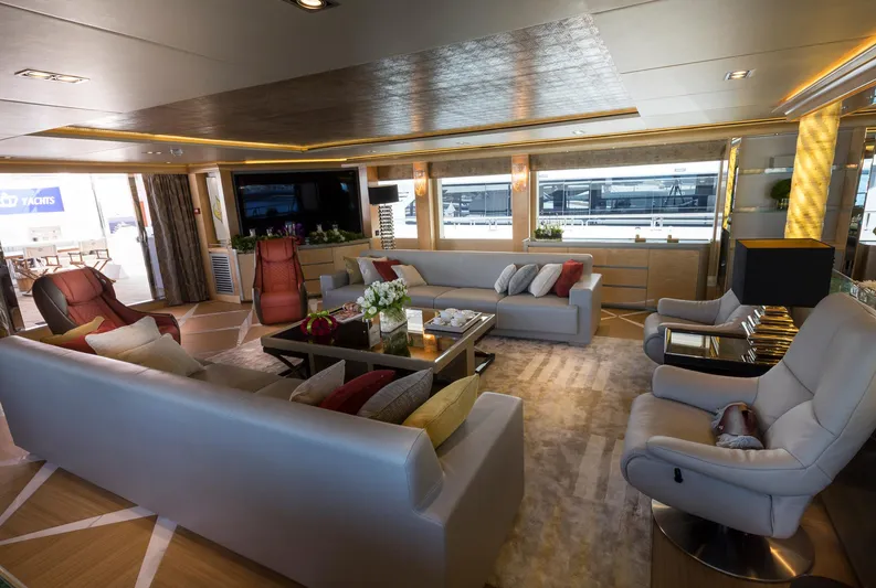 Sehamia Yacht Photos Pics Luxurious interior of 2018 Gulf Craft Majesty 155 yacht with elegant seating and decor.
