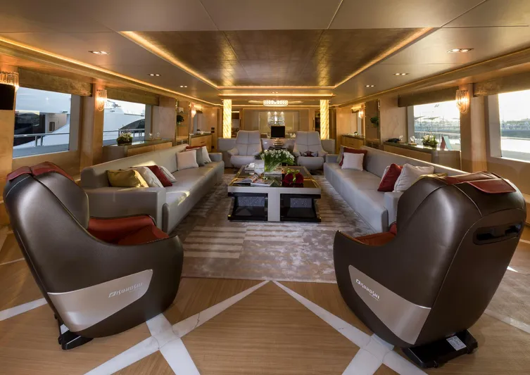 Sehamia Yacht Photos Pics Luxurious interior of 2018 Gulf Craft Majesty 155 yacht with elegant seating and modern decor.