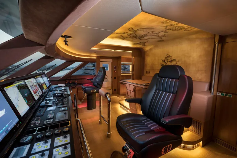Sehamia Yacht Photos Pics Luxurious interior of 2018 Gulf Craft Majesty 155 yacht cockpit with modern controls.