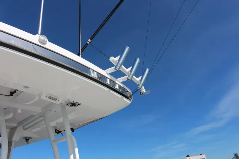  Yacht Photos Pics 2024 Everglades 395 Center Console boat against clear blue sky.