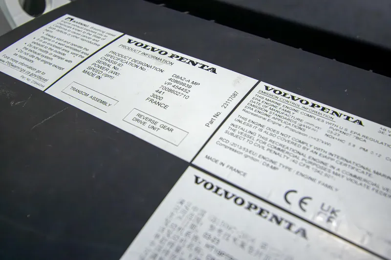  Yacht Photos Pics Volvo Penta engine labels on 2024 Riviera 4600 SY boat.