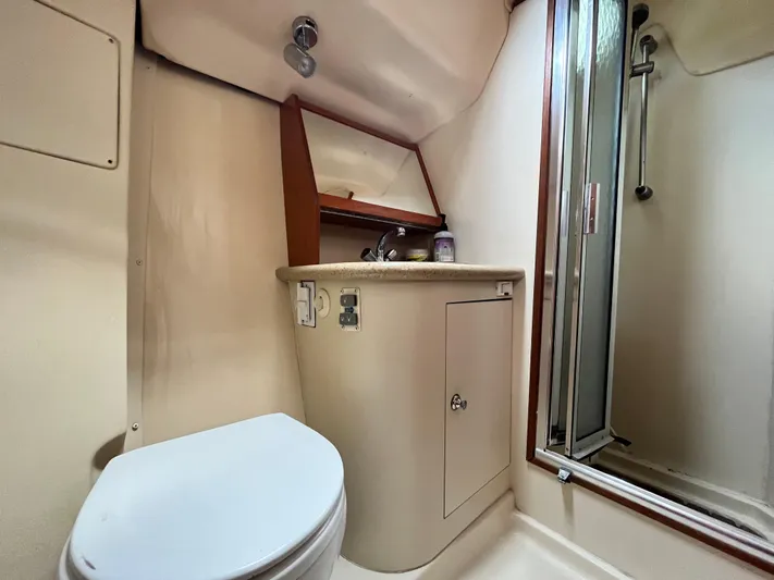 Mariah Yacht Photos Pics 2008 Hunter 41 Deck Salon bathroom with shower, sink, and toilet.