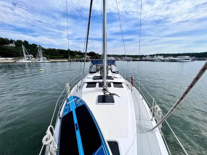 Mariah Yacht Photos Pics 2008 Hunter 41 Deck Salon sailboat on calm water, clear sky, scenic marina view.