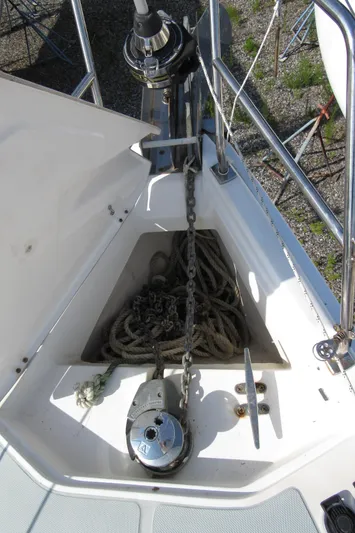 Mariah Yacht Photos Pics Anchor chain and rope storage on 2008 Hunter 41 Deck Salon sailboat.