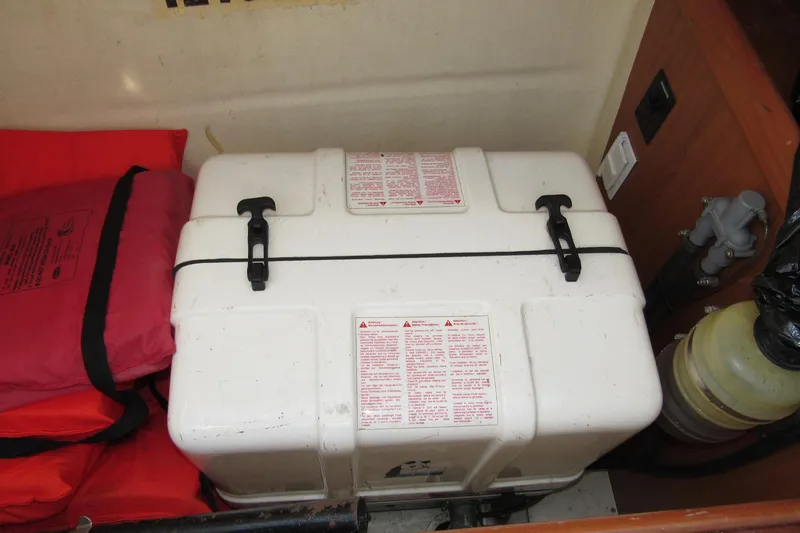 Mariah Yacht Photos Pics White storage box and life jackets on 2008 Hunter 41 Deck Salon boat.