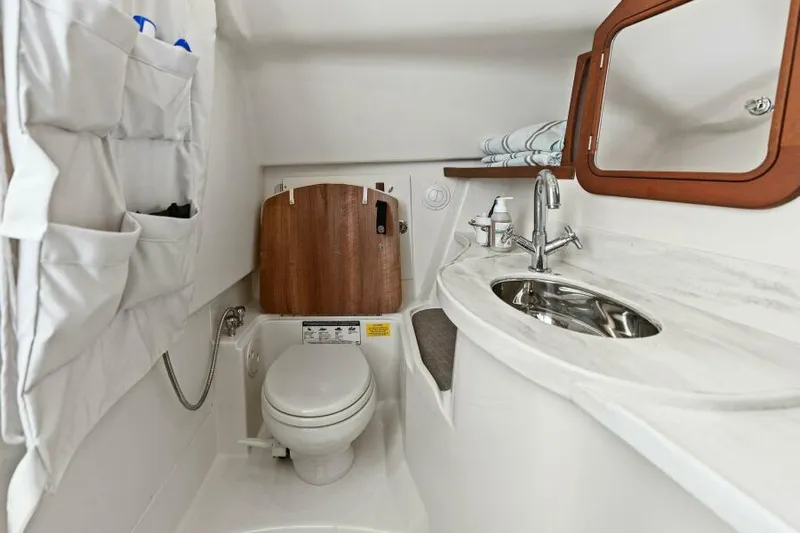  Yacht Photos Pics 2016 Grady-White Freedom 375 boat bathroom with sink, toilet, and storage.