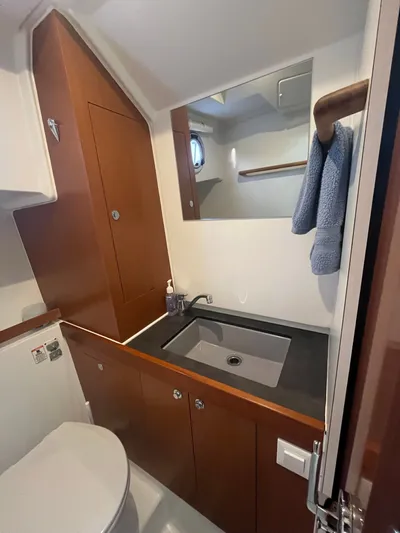 Isabelle Yacht Photos Pics Bathroom in 2016 Beneteau Swift Trawler 30 with sink and mirror.