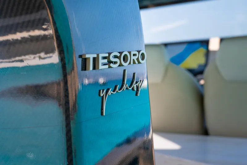  Yacht Photos Pics Tesoro GOLDFINGER T50 Speciale by Armani, 2025 yacht detail with luxury branding.