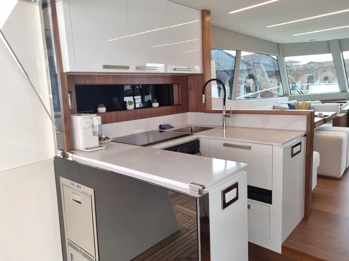 Monachus 70 Fly Yacht Photos Pics Luxurious kitchen interior of 2026 Monachus 70 Fly yacht with modern design and amenities.