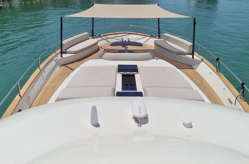 Monachus 70 Fly Yacht Photos Pics Luxurious 2026 Monachus 70 Fly yacht deck with sunbathing area and seating.