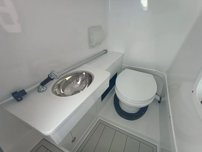 302-126 Yacht Photos Pics 2025 Blackfin 302 DC boat bathroom with sink and toilet.