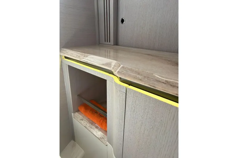  Yacht Photos Pics Interior detail of 2026 Level Yachts 43 STS, featuring sleek cabinetry and modern design.