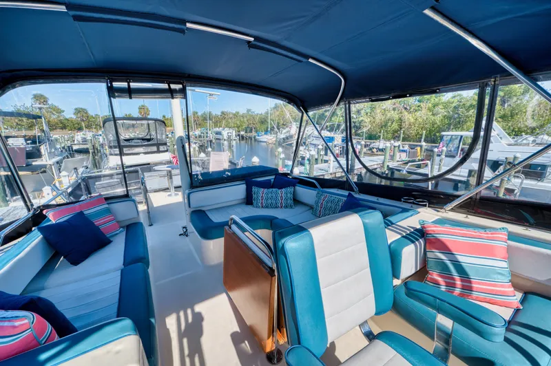 #r Dream Yacht Photos Pics Interior of a 2005 Mainship 400 Trawler with blue upholstery.