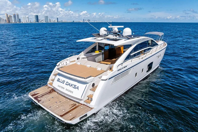 Blue Daksa Yacht Photos Pics Luxury yacht Absolute 64 cruising on ocean, city skyline in background, 2013 model.