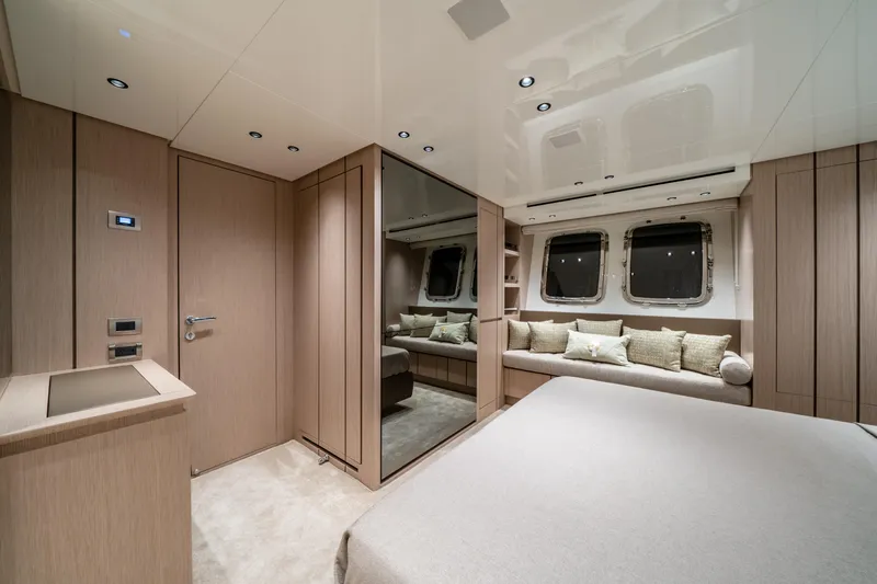 Violetta Yacht Photos Pics Luxurious interior of 2021 Sanlorenzo SX76 yacht with modern design and elegant furnishings.
