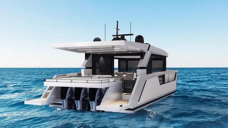  Yacht Photos Pics Luxury 2026 Ladenstein L48 MIAMI yacht cruising on open sea, showcasing sleek design and powerful engines.