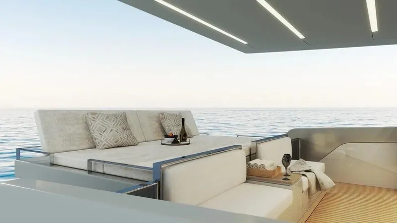  Yacht Photos Pics Luxurious 2026 Ladenstein L48 MIAMI yacht deck with elegant seating and ocean view.
