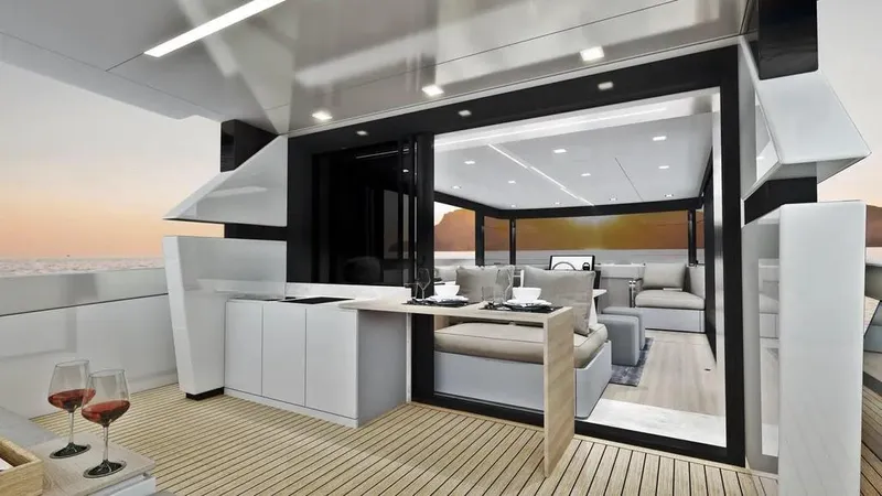  Yacht Photos Pics Luxurious 2026 Ladenstein L48 MIAMI yacht interior with modern design and sunset view.