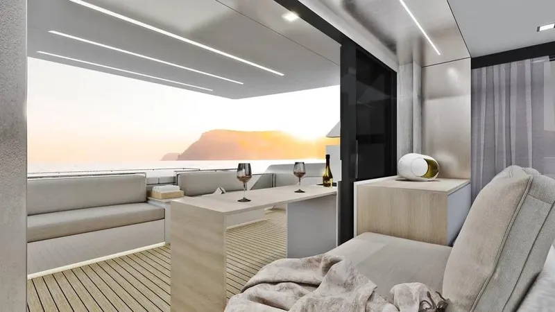  Yacht Photos Pics Luxurious interior of 2026 Ladenstein L48 MIAMI yacht with elegant seating and ocean view.