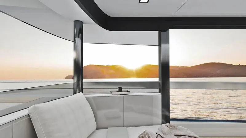  Yacht Photos Pics Luxurious interior of 2026 Ladenstein L48 MIAMI yacht with ocean view at sunset.