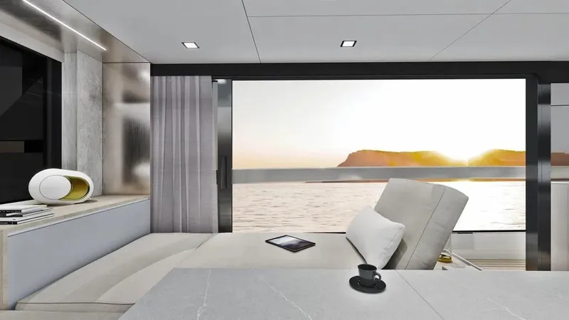  Yacht Photos Pics Luxurious interior of 2026 Ladenstein L48 MIAMI yacht with ocean view at sunset.