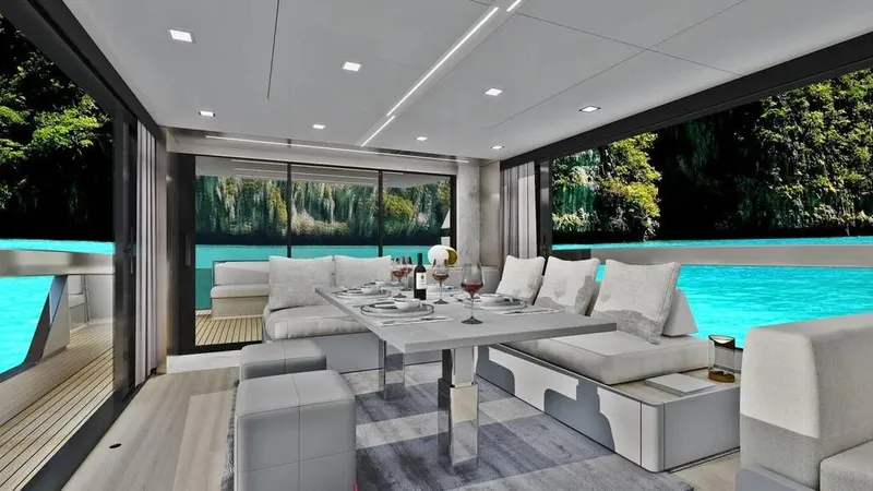  Yacht Photos Pics Luxurious interior of 2026 Ladenstein L48 MIAMI yacht with elegant dining setup and scenic water view.