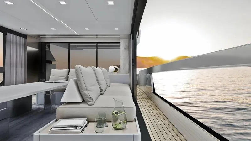 Yacht Photos Pics Luxurious interior of 2026 Ladenstein L48 MIAMI yacht with ocean view at sunset.