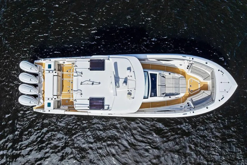 No Vacancy Yacht Photos Pics Aerial view of 2022 Pursuit S 428 Sport boat on water.